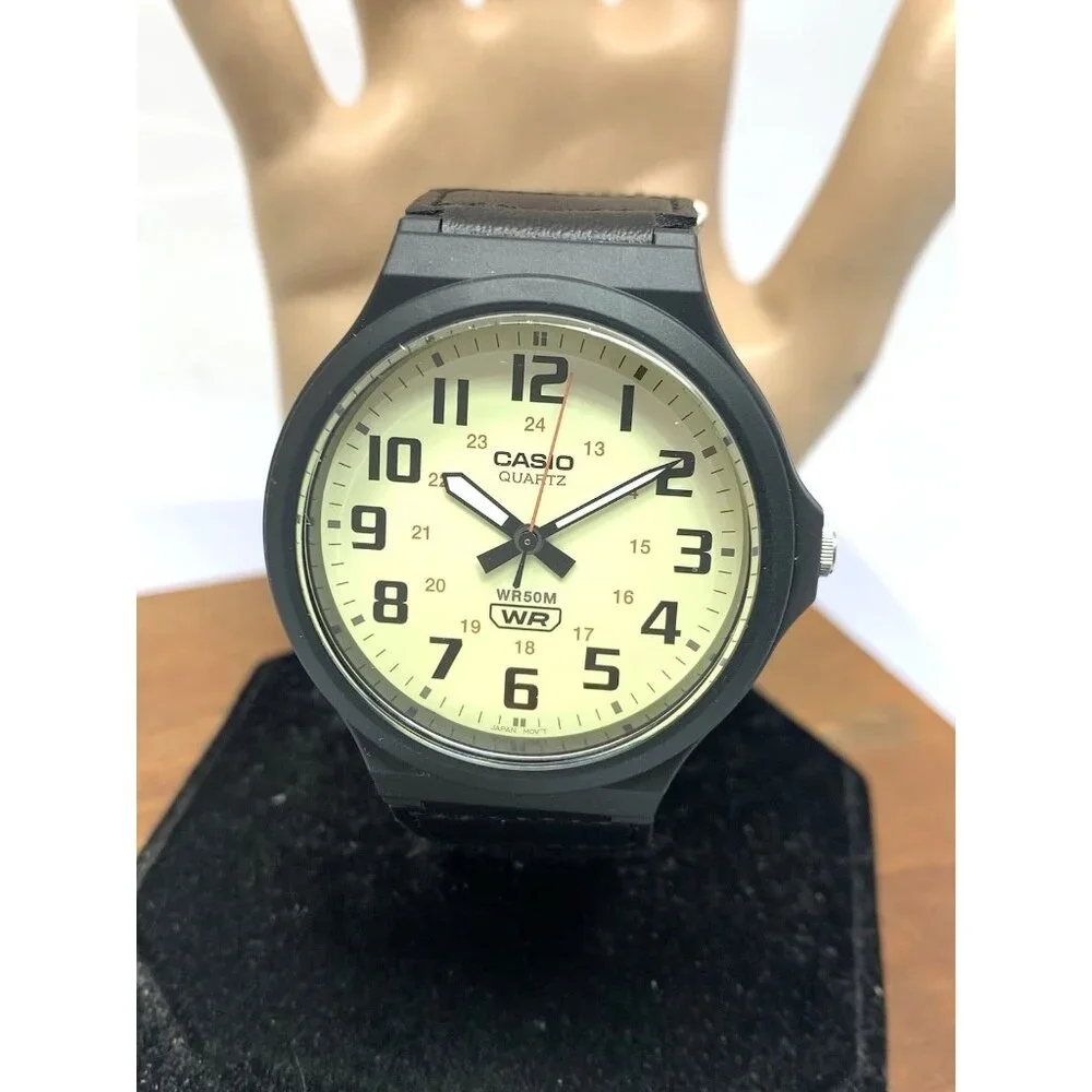 Casio Men's Watch MW240B Analog Quartz Beige Dial 42mm Black Green Nylon Band